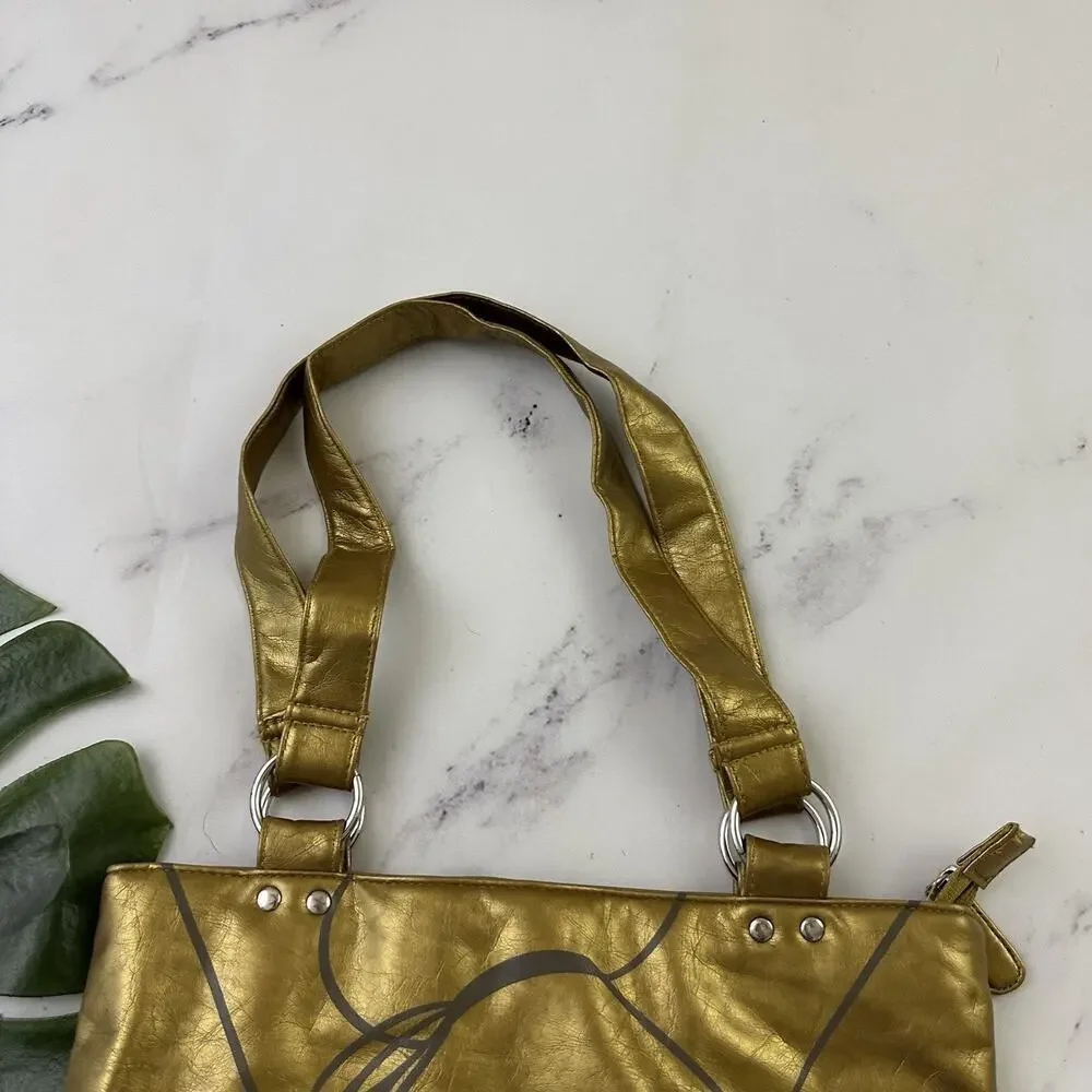 Disney Vintage Y2k Tinkerbell Tote Bag Purse Gold Faux Leather Metallic
